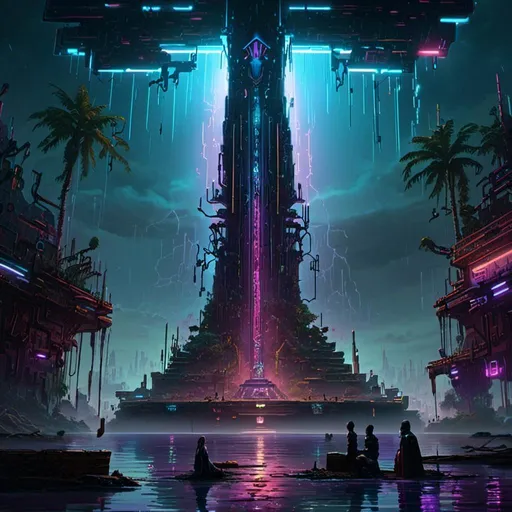 Prompt: An ominous and towering obelisk floating in the middle of a gloomy flooded mangroove 

full  of multicolored neon circuitry glowing in the darkness 

, a stunning John Avon's masterpiece in <mymodel>  sci-fi cyberpunk artstyle by Brian Mashburn and Gustave Dore

, a  dramatic lighting with detailed shadows and highlights enhancing perspective depth  and 3D volumetric drawing 

, vibrant and colorful digital painting in HDR  