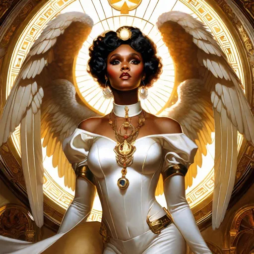 Prompt: A beautiful close-up portrait 

of the curvy and lustful Janelle Monae 

as an  ominous fierceful holy angel with a luminous angelic halo on top of her head shedding 
 a glowing light in the  darkness

, a stunning Alphonse Mucha's masterpiece in <mymodel> barroque rococo artstyle by Anders Zorn and Joseph Christian Leyendecker

, neat and clear tangents full of negative space 

, a dramatic lighting with detailed shadows and highlights enhancing depth of perspective and 3D volumetric drawing

, a  vibrant and colorful high quality digital  painting in HDR