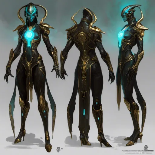 Prompt: A turnaround  reference sheet for the concept  character design of 

an ominous  and gloomy  <mymodel>  alien warframe with cyan circuitry carvings glowing in the darkness

, a  stunning Peter Gric's sci-fi masterpiece by Anders  Zorn and Joseph Christian Leyendecker 

, neat and clear  tangents  full of negative space