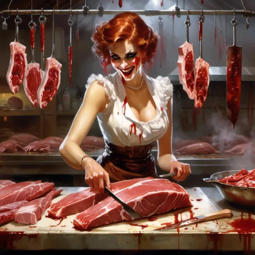 Prompt: Concept art illustration

of a beautiful luxurious pin-up 

making a malicious silly face

while slicing meat in the middle 

of her gloomy vintage butcher shop

full of gory hanging corpse carcasses with oozing blood

, a stunning Luis Royo masterpiece in <mymodel> art deco horror artstyle by Anders Zorn and Joseph Christian Leyendecker 

, neat and clear tangents full of negative space 

, ominous dramatic lighting with detailed shadows and highlights enhancing depth of perspective and 3D volumetric drawing

, colorful vibrant painting in HDR