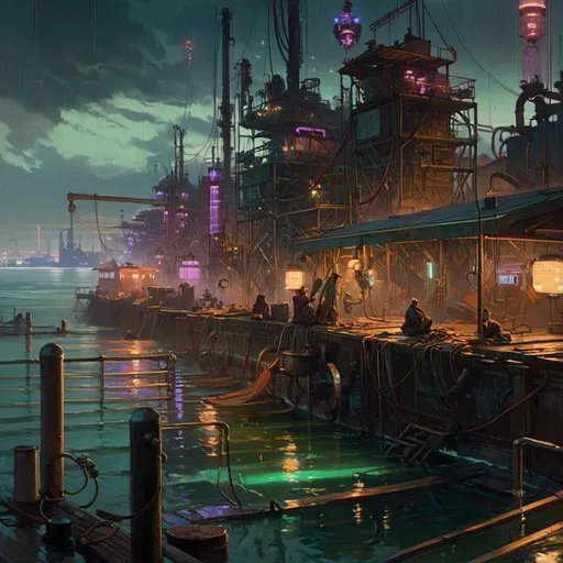 Prompt: A <mymodel> landscape artwork of ominous and gloomy 

docks

on a doomed  seashore

full of scattered hoses and pipes

with multicolored neon circuitry glowing in the darkness

, a stunning Alphonse Mucha's masterpiece in  sci-fi retro-futuristic art deco artstyle by Anders Zorn and Joseph Christian Leyendecker

, neat and clear tangents full of negative space 

, a dramatic lighting with detailed shadows and highlights enhancing depth of perspective and 3D volumetric drawing

, a  vibrant and colorful high quality digital  painting in HDR