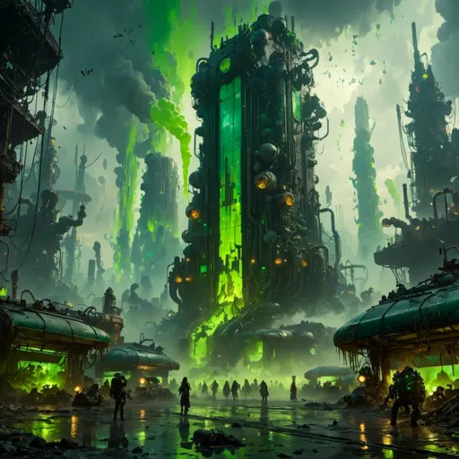 Prompt: A <mymodel> a concept environment art landscape  

of a gloomy and somber 
plaza

with a towering monolith ark 

full of oozing green glass tanks 

shedding flaring volumetric light shafts throughout the darkness 

of a threatening noxious toxic  wasteland metropolis engulfed by a rainstorm

, a stunning Donato Giancola masterpiece in post-apocalyptic sci-fi dieselpunk artstyle by Anders Zorn and Joseph Christian Leyendecker 

, neat and clear tangents full of negative space 

, ominous dramatic lighting with detailed shadows and highlights enhancing depth of perspective and 3D volumetric drawing

, colorful vibrant painting in HDR with shiny shimmering reflections