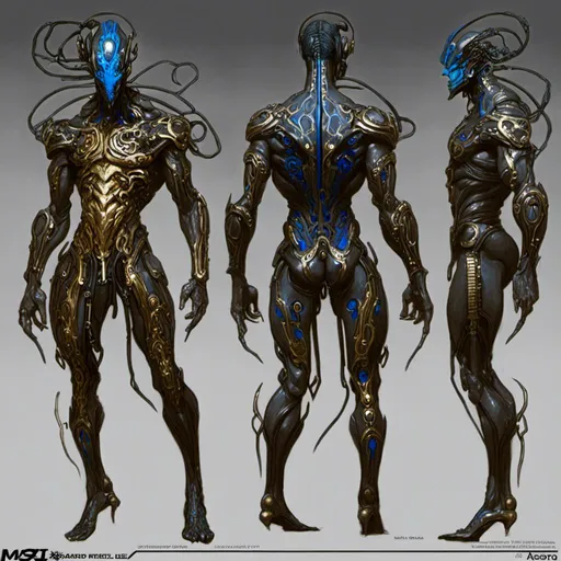 Prompt: A  <mymodel>  
turnaround reference sheet for the concept  character design of 

an ominous and  gloomy  warframe cyborg 

full of carved bluish circuit board lanes glowing  in the  darkness 

, a stunning Donato Giancola's masterpiece by Peter Gric and Giger

, a dramatic lighting with detailed shadows and highlights enhancing depth of perspective and 3D volumetric drawing

, a  vibrant and colorful high quality digital  painting in HDR