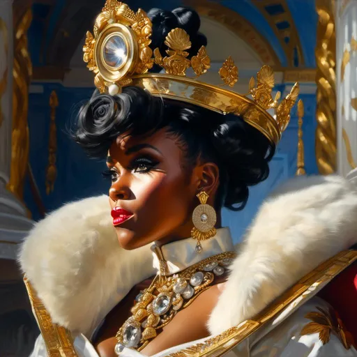 Prompt: A beautiful close-up portrait 

of the lustful Janelle Monae 

dressed  as a  queen


, a stunning Donato Giancola's masterpiece in <mymodel> barroque rococo artstyle by Anders Zorn and Joseph Christian Leyendecker

, neat and clear tangents full of negative space 

, a dramatic lighting with detailed shadows and highlights enhancing depth of perspective and 3D volumetric drawing

, a  vibrant and colorful high quality digital  painting in HDR