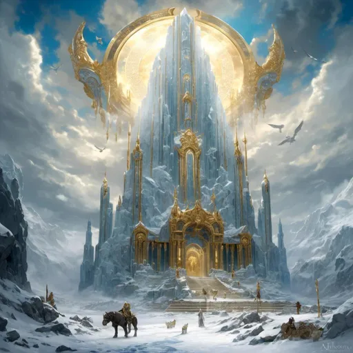 Prompt: A <mymodel> a concept environment art landscape 

of a gloomy and somber snowy thundra 

with a lustrous towering divine monolith ark made of white and blue marble full of golden ornaments 

with it's reflections shedding flaring volumetric light shafts throughout the darkness of a threatening sinister artic wasteland engulfed by a snowstorm

, a stunning Alphonse  Mucha masterpiece in vintage art deco brutalism artstyle by Anders Zorn and Joseph Christian Leyendecker 

, neat and clear tangents full of negative space 

, ominous dramatic lighting with macabre somber shadows and highlights enhancing depth of perspective and 3D volumetric drawing

, colorful vibrant painting in HDR with shiny shimmering reflections and intricate detailed ambient occlusion