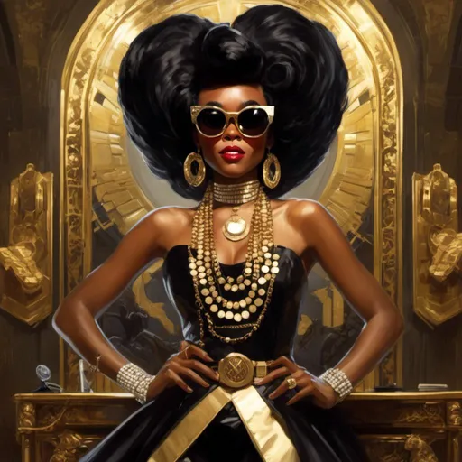 Prompt: A <mymodel> a concept character design portrait of janelle monae as  an african swindler pin-up with round sunglasses making a malicious silly smile in the middle of a gloomy and somber unlit room

, a stunning Donato Giancola masterpiece in brutal vintage art deco artstyle by Anders Zorn and Joseph Christian Leyendecker 

, neat and clear tangents full of negative space 

, ominous dramatic lighting with detailed shadows and highlights enhancing depth of perspective and 3D volumetric drawing

, colorful vibrant painting in HDR with shiny shimmering reflections