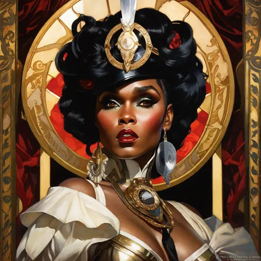 Prompt: A beautiful close-up portrait 

of the curvy and lustful Janelle Monae 

dressed  as a  ominous fierceful holy valkyrie


, a stunning Alphonse Mucha's masterpiece in <mymodel> barroque rococo artstyle by Anders Zorn and Joseph Christian Leyendecker

, neat and clear tangents full of negative space 

, a dramatic lighting with detailed shadows and highlights enhancing depth of perspective and 3D volumetric drawing

, a  vibrant and colorful high quality digital  painting in HDR