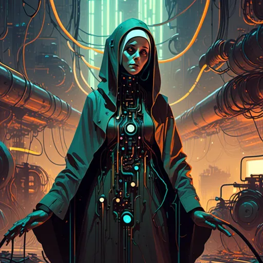 Prompt: An ominous and gloomy 

Nun 
in the  middle of a doomed junkyard

full of hanging hoses and multicolored neon circuitry glowing in the  darkness

, a stunning Alphonse Mucha's masterpiece in <mymodel> sci-fi retro-futuristic  art deco artstyle by Anders Zorn and Joseph Christian Leyendecker

, neat and clear tangents full of negative space 

, a dramatic lighting with detailed shadows and highlights enhancing depth of perspective and 3D volumetric drawing

, a  vibrant and colorful high quality digital  painting in HDR