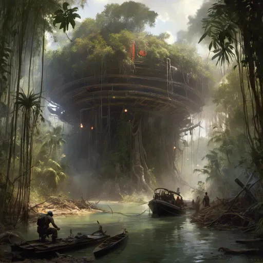 Prompt: A <mymodel> concept environment art landscape of 

the threatening sinister mangrove swamp 

with a monolith ark

full of multicolored circuitry carvings 

shedding flaring volumetric light shafts throughout the darkness of

a gloomy jungle full of scattered hoses and cables

, a stunning John Avon masterpiece in post-apocalyptic sci-fi dieselpunk artstyle by Anders Zorn and Joseph Christian Leyendecker 

, neat and clear tangents full of negative space 

, ominous dramatic lighting with detailed shadows and highlights enhancing depth of perspective and 3D volumetric drawing

, colorful vibrant painting in HDR with shiny shimmering reflections