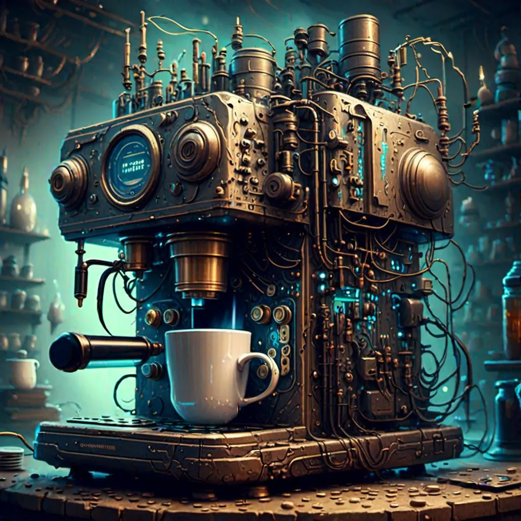 Prompt: An coffee machine full of circuitry

, a stunning John Avon's masterpiece in <mymodel>   artstyle by Brian Mashburn and Gustave Dore