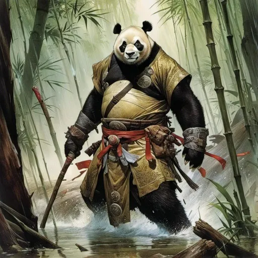 Prompt: A <mymodel> portrait of 

a muscly and threatening fierceful 
anthropomorphic 

panda 

as an oriental martial arts monk  

crossing a gloomy 

flooded bamboo forest  

 in  the middle  of a  rainstorm

, a stunning Frank Frazetta masterpiece by  Donato  Giancola  and  Terese Nielsen

, neat and clean composition made of neat and clear tangents full of negative space 

, ominous dramatic lighting with detailed shadows and highlights enhancing depth of perspective and 3D volumetric drawing

, a vibrant and colorful painting in HDR