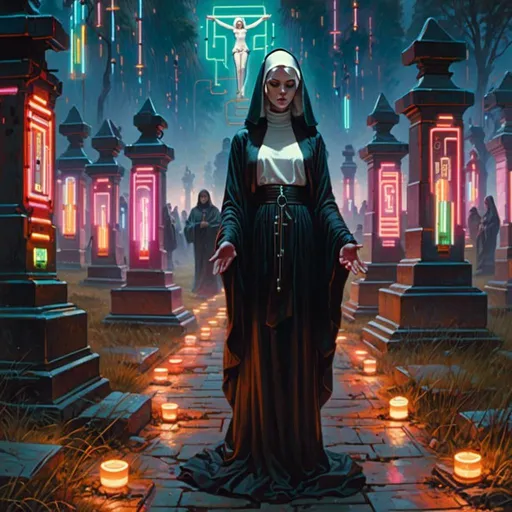 Prompt: A <mymodel> landscape artwork of a threatening  and somber pin-up nun

 in the middle  
of a cemetery

full of tombstones and multicolored neon circuit board patterns glowing in the darkness

, a stunning Donato Giancola's masterpiece in  sci-fi retro-futuristic art deco artstyle by Anders Zorn and Joseph Christian Leyendecker

, neat and clear tangents full of negative space 

, ominous dramatic lighting with detailed shadows and highlights enhancing depth of perspective and 3D volumetric drawing

, a  vibrant and colorful high quality digital  painting in HDR