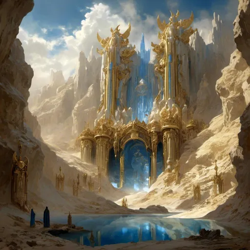 Prompt: A <mymodel> a concept environment art landscape 

of a gloomy and somber 
canyon

with a lustrous towering divine monolith ark made of white and blue marble full of golden ornaments 

with it's reflections shedding flaring volumetric light shafts throughout the darkness 

of threatening sinister wasteland dunes 

engulfed by a sandstorm

, a stunning Alphonse  Mucha masterpiece in vintage art deco brutalism artstyle by Anders Zorn and Joseph Christian Leyendecker 

, neat and clear tangents full of negative space 

, ominous dramatic lighting with macabre somber shadows and highlights enhancing depth of perspective and 3D volumetric drawing

, colorful vibrant painting in HDR with shiny shimmering reflections and detailed contrasting ambient occlusion