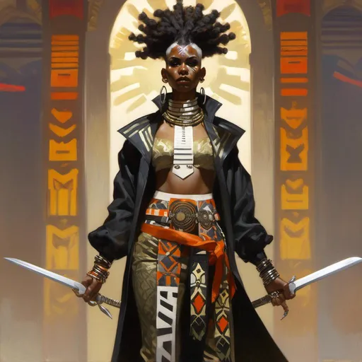 Prompt: A full body concept character design of a threatening and sinister futuristic afropunk

with white tribal face painting 
and frohawk haircut 

wearing a colorful stamped waist sash gothic overcoat 



, a stunning Donato Giancola's masterpiece in  <mymodel> afrofuturism artstyle by Anders Zorn and Joseph Christian Leyendecker

, neat and clear tangents full of negative space 

, ominous dramatic lighting with detailed shadows and highlights enhancing depth of perspective and 3D volumetric drawing

, a  vibrant and colorful high quality digital  painting in HDR