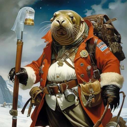 Prompt: An anthropomorphic  walrus 

wearing an artic explorer outfit  with adventuring gear full of pockets and harness holster belts

, a stunning Donato Giancola's masterpiece in <mymodel> sci-fi retro-futuristic  art deco artstyle by Anders Zorn and Joseph Christian Leyendecker

, neat and clear tangents full of negative space 

, a dramatic lighting with detailed shadows and highlights enhancing depth of perspective and 3D volumetric drawing

, a  vibrant and colorful high quality digital  painting in HDR