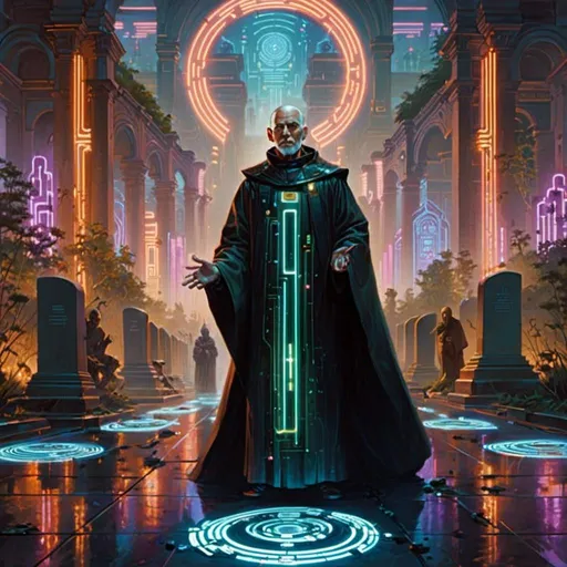 Prompt: A <mymodel> landscape artwork of a threatening  and somber grand priest inquisitor

 in the middle  
of a cemetery

full of tombstones and multicolored neon circuit board patterns glowing in the darkness

, a stunning Donato Giancola's masterpiece in  sci-fi retro-futuristic art deco artstyle by Anders Zorn and Joseph Christian Leyendecker

, neat and clear tangents full of negative space 

, ominous dramatic lighting with detailed shadows and highlights enhancing depth of perspective and 3D volumetric drawing

, a  vibrant and colorful high quality digital  painting in HDR