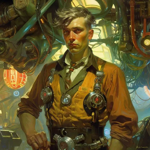 Prompt: An ominous and gloomy 

Tinkerer Artificer 
in the  middle of a doomed junkyard

full of hanging hoses and multicolored neon circuitry glowing in the  darkness

, a stunning Alphonse Mucha's masterpiece in <mymodel> sci-fi retro-futuristic  art deco artstyle by Anders Zorn and Joseph Christian Leyendecker

, neat and clear tangents full of negative space 

, a dramatic lighting with detailed shadows and highlights enhancing depth of perspective and 3D volumetric drawing

, a  vibrant and colorful high quality digital  painting in HDR