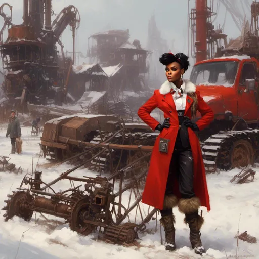 Prompt: A beutiful portrait of Janelle Monae dressed as a mechanic tinkerer within a  snowy junkyard

in <mymodel> artstyle

, a stunning Donato Giancola's masterpiece by Anders Zorn and  Joseph Christian Leyendecker