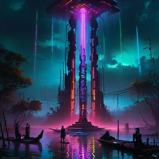 Prompt: An ominous and towering obelisk floating in the middle of a gloomy flooded mangroove 

full  of multicolored neon circuitry glowing in the darkness 

, a stunning John Avon's masterpiece in <mymodel>  sci-fi cyberpunk artstyle by Brian Mashburn and Gustave Dore

, a  dramatic lighting with detailed shadows and highlights enhancing perspective depth  and 3D volumetric drawing 

, vibrant and colorful digital painting in HDR  