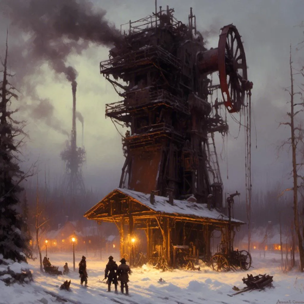 Prompt: A <mymodel> landscape picture 

of an ominous and gloomy 
oil pump station

glowing  in the darkness of  a doomed snowy thundra

, a stunning Donato Giancola's masterpiece by Anders Zorn and  Joseph Christian Leyendecker