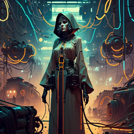 Prompt: An ominous and gloomy 

Nun 
in the  middle of a doomed junkyard

full of hanging hoses and multicolored neon circuitry glowing in the  darkness

, a stunning Alphonse Mucha's masterpiece in <mymodel> sci-fi retro-futuristic  art deco artstyle by Anders Zorn and Joseph Christian Leyendecker

, neat and clear tangents full of negative space 

, a dramatic lighting with detailed shadows and highlights enhancing depth of perspective and 3D volumetric drawing

, a  vibrant and colorful high quality digital  painting in HDR