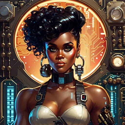 Prompt: A <mymodel> portrait artwork of 
Janelle monae

as a muscly stompunk mechanic pin-up 

in the middle of a gloomy jukyard 

full of multicolored circuit board patterns  glowing in the  darkness 


, a stunning Alphonse Mucha's masterpiece in  sci-fi retro-futuristic art deco artstyle by Anders Zorn and Joseph Christian Leyendecker

, neat and clear tangents full of negative space 

, ominous dramatic lighting with detailed shadows and highlights enhancing depth of perspective and 3D volumetric drawing

, a  vibrant and colorful high quality digital  painting in HDR