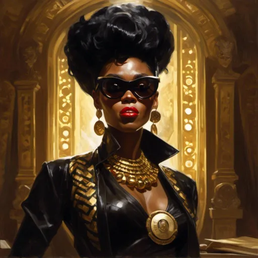 Prompt: A <mymodel> a concept character design portrait of janelle monae as an ominous scary african swindler pin-up with round sunglasses making an evil  malicious silly smile in the middle of a gloomy and somber unlit dark room

, a stunning Donato Giancola masterpiece in brutal vintage art deco artstyle by Anders Zorn and Joseph Christian Leyendecker 

, neat and clear tangents full of negative space 

, ominous dramatic lighting with detailed shadows and highlights enhancing depth of perspective and 3D volumetric drawing

, colorful vibrant painting in HDR with shiny shimmering reflections