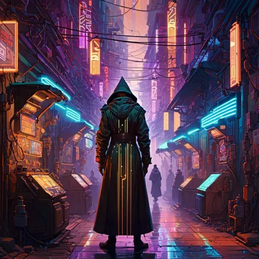 Prompt: A <mymodel> landscape artwork of a witch hunter priest 

 in the middle  
of a gloomy alley

full of multicolored neon circuit board patterns glowing in the darkness

, a stunning Alphonse Mucha's masterpiece in  sci-fi retro-futuristic art deco artstyle by Anders Zorn and Joseph Christian Leyendecker

, neat and clear tangents full of negative space 

, ominous dramatic lighting with detailed shadows and highlights enhancing depth of perspective and 3D volumetric drawing

, a  vibrant and colorful high quality digital  painting in HDR