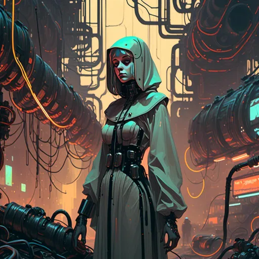 Prompt: An ominous and gloomy 

Nun 
in the  middle of a doomed junkyard

full of hanging hoses and multicolored neon circuitry glowing in the  darkness

, a stunning Alphonse Mucha's masterpiece in <mymodel> sci-fi retro-futuristic  art deco artstyle by Anders Zorn and Joseph Christian Leyendecker

, neat and clear tangents full of negative space 

, a dramatic lighting with detailed shadows and highlights enhancing depth of perspective and 3D volumetric drawing

, a  vibrant and colorful high quality digital  painting in HDR