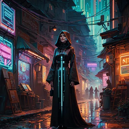 Prompt: A <mymodel> landscape artwork of a witch hunter nun 

 in the middle  
of a gloomy alley

full of multicolored neon circuit board patterns glowing in the darkness

, a stunning Alphonse Mucha's masterpiece in  sci-fi retro-futuristic art deco artstyle by Anders Zorn and Joseph Christian Leyendecker

, neat and clear tangents full of negative space 

, ominous dramatic lighting with detailed shadows and highlights enhancing depth of perspective and 3D volumetric drawing

, a  vibrant and colorful high quality digital  painting in HDR