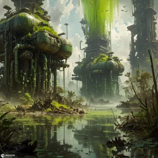 Prompt: A <mymodel> a concept environment ar landscape  

of a gloomy and somber mangrove swamp

with a monolith ark 

full oozing green glass tanks 

shedding flaring volumetric light shafts throughout the darkness 

of a threatening noxious toxic wasteland 

, a stunning Donato Giancola masterpiece in post-apocalyptic sci-fi dieselpunk artstyle by Anders Zorn and Joseph Christian Leyendecker 

, neat and clear tangents full of negative space 

, ominous dramatic lighting with detailed shadows and highlights enhancing depth of perspective and 3D volumetric drawing

, colorful vibrant painting in HDR with shiny shimmering reflections