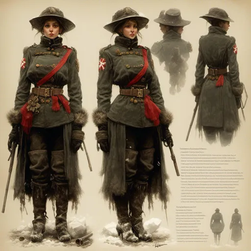 Prompt: A <mymodel> turnaround reference sheet for the concept character design of 

an ominous and gloomy female  cossack  soldier


, a stunning Alphonse Mucha's masterpiece by Anders Zorn and  Joseph Christian Leyendecker

, dramatic lighting  with detailed shadows and highlights increasing depth of perspective and 3D volumetric drawing 