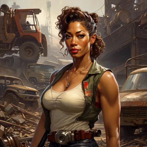 Prompt: A <mymodel> portrait artwork of 
Gina Torres

as a muscly stompunk mechanic pin-up 

in the middle of a gloomy jukyard scrapyard

, a stunning Alphonse Mucha's masterpiece in  sci-fi retro-futuristic art deco artstyle by Anders Zorn and Joseph Christian Leyendecker

, neat and clear tangents full of negative space 

, ominous dramatic lighting with detailed shadows and highlights enhancing depth of perspective and 3D volumetric drawing

, a  vibrant and colorful high quality digital  painting in HDR