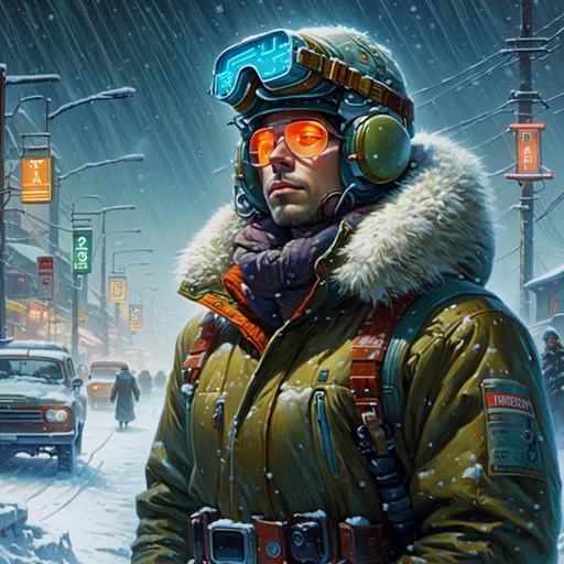 Prompt: A <mymodel> landscape artwork of a threatening  and somber artic explorer

 in the middle  
of a snowy thundra

full of snowflakes and multicolored neon circuit board patterns glowing in the snowstorm

, a stunning Donato Giancola's masterpiece in  sci-fi retro-futuristic art deco artstyle by Anders Zorn and Joseph Christian Leyendecker

, neat and clear tangents full of negative space 

, ominous dramatic lighting with detailed shadows and highlights enhancing depth of perspective and 3D volumetric drawing

, a  vibrant and colorful high quality digital  painting in HDR