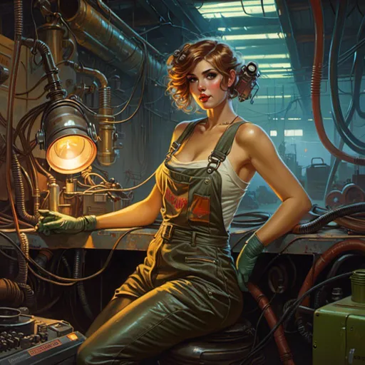 Prompt: A <mymodel> landscape artwork of an ominous and gloomy 

pin-up dressed  as a  mechanic welder in the middle  
of a doomed junkyard

full of hanging hoses and  multicolored neon circuit board patterns glowing in the darkness

, a stunning Alphonse Mucha's masterpiece in  sci-fi retro-futuristic art deco artstyle by Anders Zorn and Joseph Christian Leyendecker

, neat and clear tangents full of negative space 

, a dramatic lighting with detailed shadows and highlights enhancing depth of perspective and 3D volumetric drawing

, a  vibrant and colorful high quality digital  painting in HDR