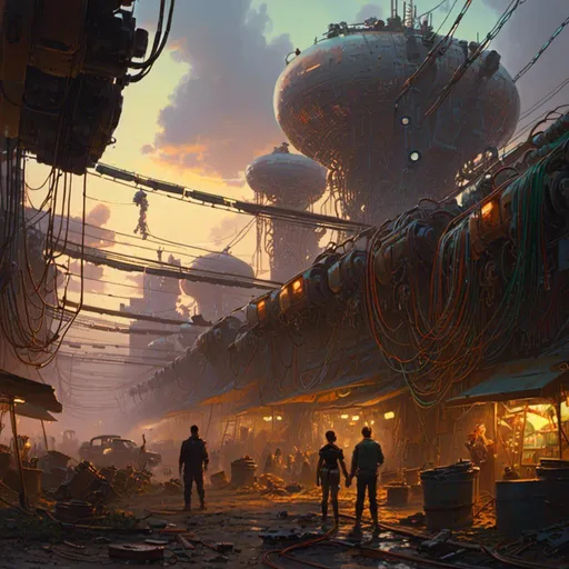 Prompt: A landscape concept environment art of a threatening somber scrapyard junkyard full of hanging cables and hoses lit by glowing multicolored circuitry

, a stunning Donato  Giancola masterpiece in <mymodel> retro-futuristic sci-fi art deco artstyle by Anders Zorn and Joseph Christian Leyendecker 

, neat and clear tangents full of negative space 

, ominous dramatic lighting with detailed shadows and highlights enhancing depth of perspective and 3D volumetric drawing

, colorful vibrant painting in HDR with shiny shimmering reflections