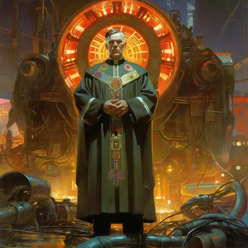 Prompt: An ominous and gloomy 

Priest 
in the  middle of a doomed junkyard

full of hanging hoses and multicolored neon circuitry glowing in the  darkness

, a stunning Alphonse Mucha's masterpiece in <mymodel> sci-fi retro-futuristic  art deco artstyle by Anders Zorn and Joseph Christian Leyendecker

, neat and clear tangents full of negative space 

, a dramatic lighting with detailed shadows and highlights enhancing depth of perspective and 3D volumetric drawing

, a  vibrant and colorful high quality digital  painting in HDR