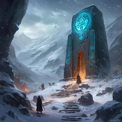 Prompt: A <mymodel> a concept environment art landscape 

of a gloomy and somber snowy thundra 

with a towering magiccal arcane monolith ark full of carved glowing runes and glyphs

shedding flaring volumetric light shafts throughout the darkness 

of a threatening sinister artic wasteland engulfed by a snowstorm

, a stunning Alphonse  Mucha masterpiece in fantasy nouveau artstyle by Anders Zorn and Joseph Christian Leyendecker 

, neat and clear tangents full of negative space 

, ominous dramatic lighting with macabre somber shadows and highlights enhancing depth of perspective and 3D volumetric drawing

, colorful vibrant painting in HDR with shiny shimmering reflections and intricate detailed ambient occlusion