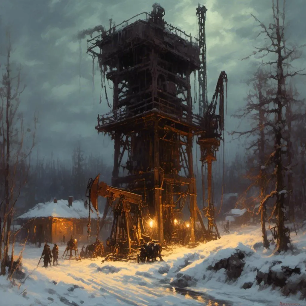 Prompt: A <mymodel> landscape picture 

of an ominous and gloomy 
oil pump station

glowing  in the darkness of  a doomed snowy thundra

, a stunning Donato Giancola's masterpiece by Anders Zorn and  Joseph Christian Leyendecker