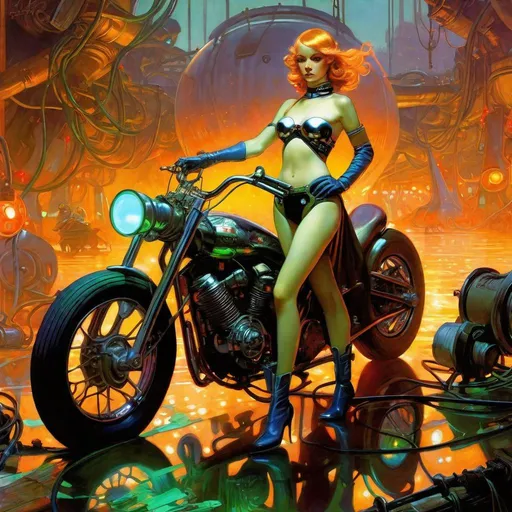 Prompt: An ominous and gloomy 

Atompunk rider
in the  middle of a doomed junkyard

full of hanging hoses and multicolored neon circuitry glowing in the  darkness

, a stunning Alphonse Mucha's masterpiece in <mymodel> sci-fi retro-futuristic  art deco artstyle by Anders Zorn and Joseph Christian Leyendecker

, neat and clear tangents full of negative space 

, a dramatic lighting with detailed shadows and highlights enhancing depth of perspective and 3D volumetric drawing

, a  vibrant and colorful high quality digital  painting in HDR