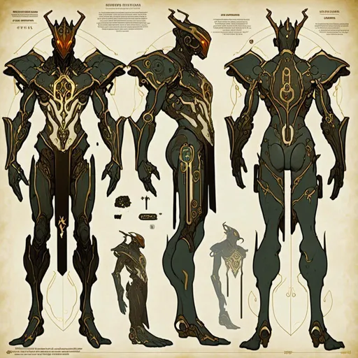 Prompt: A  <mymodel>  
turnaround reference sheet for the concept  character design of 

an ominous and  gloomy  warframe cyborg 

full of carved bluish circuit board lanes glowing  in the  darkness 

, a stunning Peter Gric's masterpiece by Alphonse Mucha and Victo Ngai

, a dramatic lighting with detailed shadows and highlights enhancing depth of perspective and 3D volumetric drawing

, a  vibrant and colorful high quality digital  painting in HDR