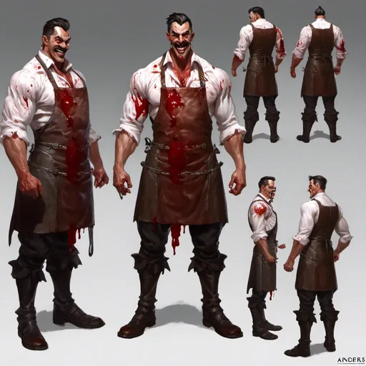 Prompt: A  turnaround reference sheet for the concept character design of a handsome muscly butcher gentleman making malicious silly smile while wearing a gory apron full of oozing blood

, a stunning Donato Giancola masterpiece in <mymodel> gothic sci-fi artstyle by Anders Zorn and Joseph Christian Leyendecker 

, neat and clear tangents full of negative space 

, ominous dramatic lighting with detailed shadows and highlights enhancing depth of perspective and 3D volumetric drawing

, colorful vibrant painting in HDR