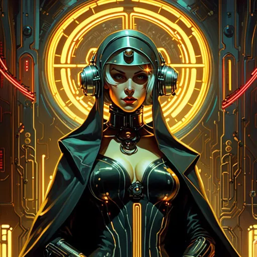 Prompt: An gloomy threatening 

nun pin-up

in the middle of a doomed sinister crossroads full of neon circuitry  glowing in the darkness 

, a stunning Alphonse Mucha's masterpiece in <mymodel> sci-fi retro-futuristic  art deco artstyle by Anders Zorn and Joseph Christian Leyendecker

, neat and clear tangents full of negative space 

, ominous and  dramatic lighting with detailed shadows and highlights enhancing depth of perspective and 3D volumetric drawing

, a  vibrant and colorful high quality digital  painting in HDR