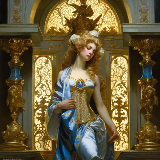 Prompt: A holy Adam Unity made of a golden wrought iron full of delicate filigree and carvings with bluish light shedding in the darkness 

, a stunning Donato Giancola's masterpiece in <mymodel> barroque rococo artstyle by Anders Zorn and Joseph Christian Leyendecker

, neat and clear tangents full of negative space 

, a dramatic lighting with detailed shadows and highlights enhancing depth of perspective and 3D volumetric drawing

, a  vibrant and colorful high quality digital  painting in HDR