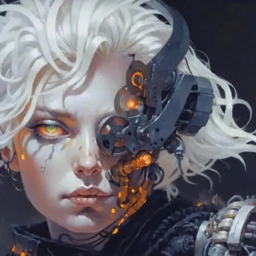 Prompt: Portrait of a threatening and gloomy biomechanical one-eyed muse with her face tattooed by glowing orange circuitry full of hoses and white moths

 , a stunning Donato Giancola's masterpiece 

in <mymodel> gory sci-fi cyberpunk artstyle

by Giger  and Peter Gric


, neat and clear tangents full of negative space 

, ominous dramatic lighting with detailed shadows and highlights enhancing depth of perspective and 3D volumetric drawing

, a vibrant and colorful high quality digital painting in HDR