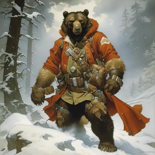 Prompt: A medieval anthropomorphic  werebear 

wearing an artic explorer outfit  with adventuring gear full of pockets and harness holster belts

in the middle  of a  snowstorm

, a stunning Alphonse Mucha's masterpiece in <mymodel> sci-fi fantasy  artstyle by Anders Zorn and Joseph Christian Leyendecker

, neat and clear tangents full of negative space 

, a dramatic lighting with detailed shadows and highlights enhancing depth of perspective and 3D volumetric drawing

, a  vibrant and colorful high quality digital  painting in HDR