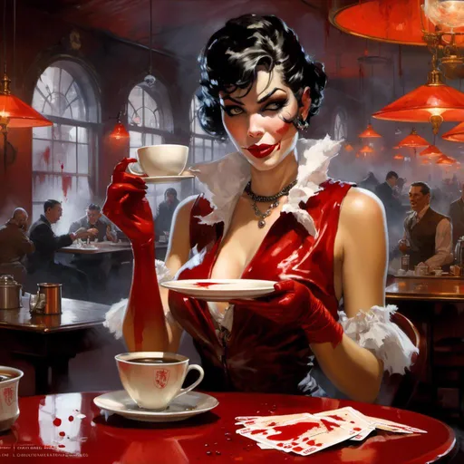 Prompt: Concept art illustration

of a beautiful luxurious pin-up

making a malicious silly face

while having a coffee in the middle 

of her gloomy gory vintage coffee shop 

full of oozing blood

, a stunning Luis Royo masterpiece in <mymodel> art deco horror artstyle by Anders Zorn and Joseph Christian Leyendecker 

, neat and clear tangents full of negative space 

, ominous dramatic lighting with detailed shadows and highlights enhancing depth of perspective and 3D volumetric drawing

, colorful vibrant painting in HDR