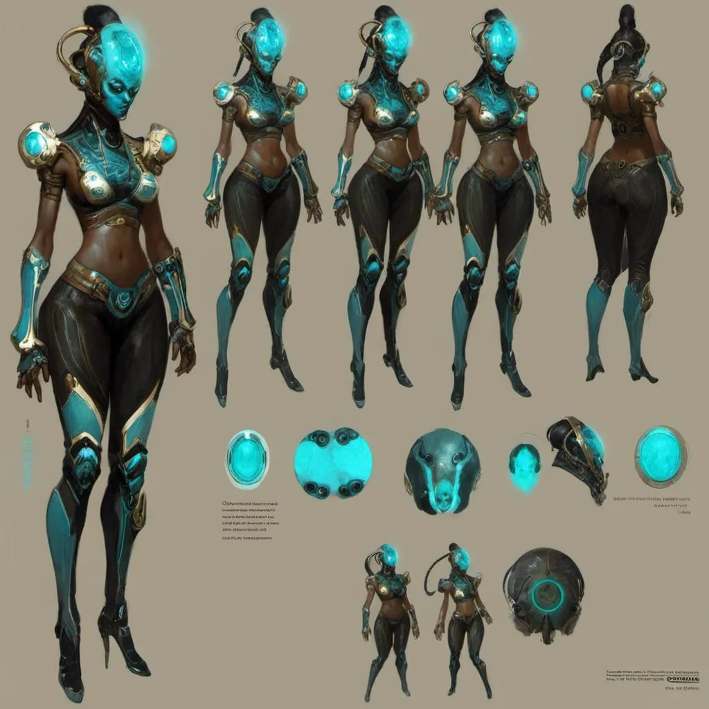 Prompt: A turnaround  reference sheet for the concept  character design of 

an ominous  and gloomy  <mymodel>  alien warframe with cyan circuitry carvings glowing in the darkness

, a  stunning Peter Gric's sci-fi masterpiece by Anders  Zorn and Joseph Christian Leyendecker 

, neat and clear  tangents  full of negative space