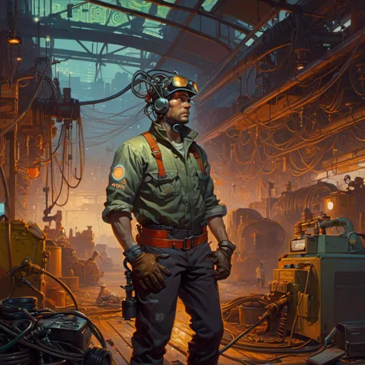 Prompt: A <mymodel> landscape artwork of an ominous and gloomy 

mechanic welder in the middle  
of a doomed junkyard

full of hanging hoses and  multicolored neon circuit board patterns glowing in the darkness

, a stunning Alphonse Mucha's masterpiece in  sci-fi retro-futuristic art deco artstyle by Anders Zorn and Joseph Christian Leyendecker

, neat and clear tangents full of negative space 

, a dramatic lighting with detailed shadows and highlights enhancing depth of perspective and 3D volumetric drawing

, a  vibrant and colorful high quality digital  painting in HDR