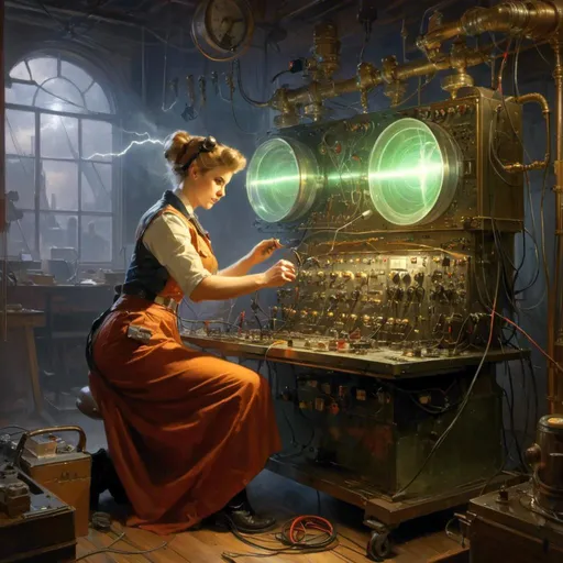 Prompt: The <mymodel> concept art 

of a muscly and curvy electrician engineer fixing an oscilloscope full of fuses and vintage radio valves with arcing lightnings on her misty and gloomy workshop


, a stunning Donato Giancola masterpiece in retro-futuristic dieselpunk artstyle by Anders Zorn and Joseph Christian Leyendecker 

, neat and clear tangents full of negative space 

, ominous dramatic lighting with macabre somber shadows and highlights enhancing depth of perspective and 3D volumetric drawing

, colorful vibrant painting in HDR with shiny shimmering reflections and intricate detailed ambient occlusion